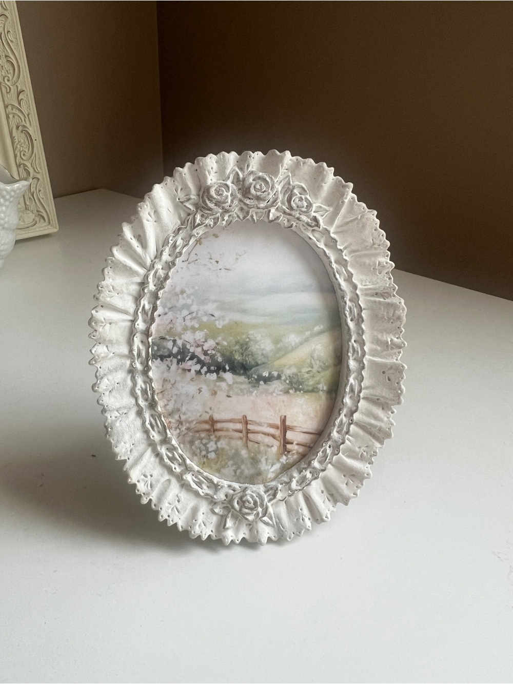 Small Ornate Cream Oval Photo Frame with Rose Accents